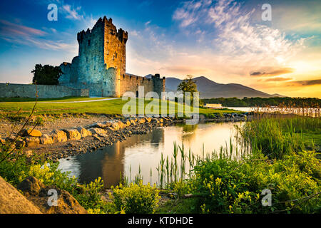 Antica fortezza vecchia Ross Castle rovina con il lago e di erba in Irlanda durante l ora d'oro nessuno Foto Stock