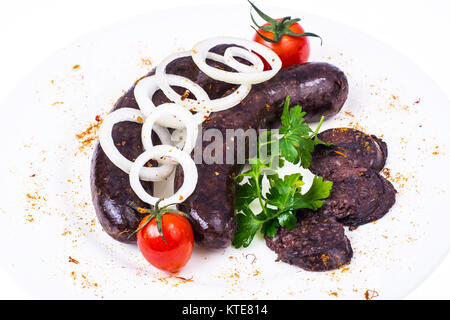 Black Pudding, sangue salsiccia tagliata a pezzetti. Foto Studio Foto Stock