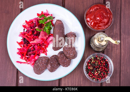 Black Pudding, sangue salsiccia tagliata a pezzetti. Foto Studio Foto Stock