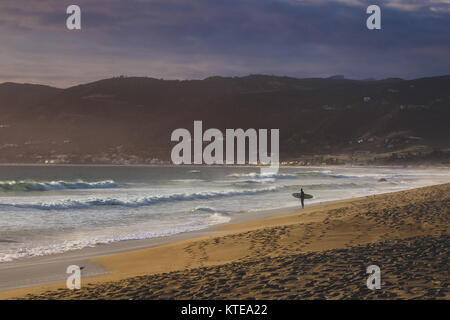 Surfista maschio permanente sulla spiaggia tenendo la sua tavola da surf a Point Dume State Beach con le nuvole colorate nel cielo e Santa Monica Montagne in ba Foto Stock