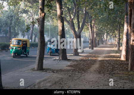 Auto rickshaw in strada alberata di Chandigarh, Punjab, India Foto Stock