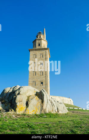 Torre di Hercules, faro romano, la città di La Coruña, Galizia, Spagna Foto Stock