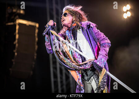La American rock band Aerosmith esegue un concerto dal vivo durante la Presidenza svedese music festival Sweden Rock Festival 2017. Qui il cantante Steven Tyler è visto dal vivo sul palco. La Svezia, 08/06 2017. Foto Stock