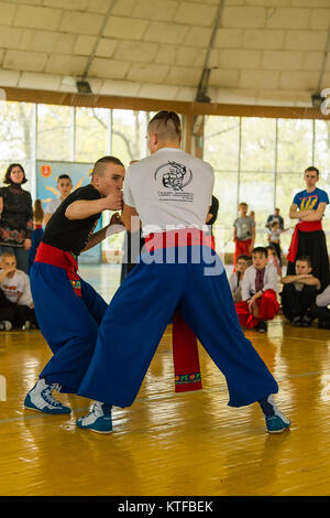 Lviv, Ucraina - aprile 25.2015: i concorrenti nelle arti marziali per eseguire in palestra nel parco della città di Lviv, Ucraina Foto Stock