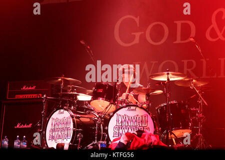 La statunitense southern rock band Lynyrd Skynyrd esegue un live a Oslo Spektrum. Qui musicista Michael Cartellone su tamburi è visto dal vivo sul palco. Norvegia, 24/05 2009. Foto Stock