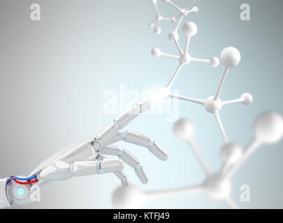 Robot bianco canto toccando molecola formula su sfondo grigio. La tecnologia del futuro e concetto di progresso. Il rendering 3D Foto Stock