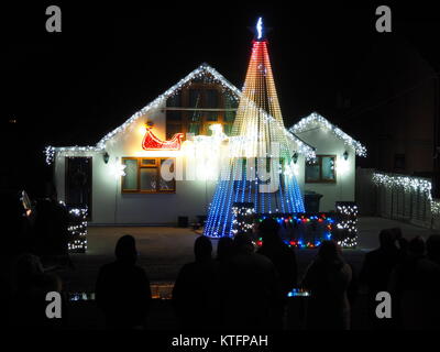 Warden Bay, Kent, Regno Unito. 24 dicembre, 2017. Una casa in Warden Bay mette su una spettacolare la vigilia di Natale display luci dotate di una struttura realizzata da luci più alti di quelli della casa che visualizza varie controllate dal computer degli schemi di illuminazione a tempo di musica. Circa 75-100 persone uscì a guardare il display a 7pm, che dura per circa 30 minuti. Tutte le donazioni sono date per il SNAAP (Esigenze particolari Advisory & Attività Progetto) di carità per bambini disabili. Credito: James Bell/Alamy Live News Foto Stock