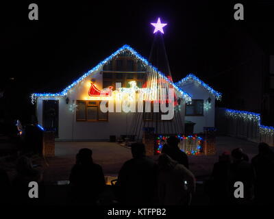 Warden Bay, Kent, Regno Unito. 24 dicembre, 2017. Una casa in Warden Bay mette su una spettacolare la vigilia di Natale display luci dotate di una struttura realizzata da luci più alti di quelli della casa che visualizza varie controllate dal computer degli schemi di illuminazione a tempo di musica. Circa 75-100 persone uscì a guardare il display a 7pm, che dura per circa 30 minuti. Tutte le donazioni sono date per il SNAAP (Esigenze particolari Advisory & Attività Progetto) di carità per bambini disabili. Credito: James Bell/Alamy Live News Foto Stock