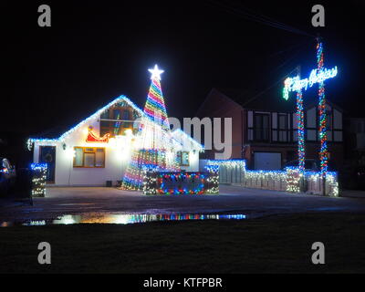 Warden Bay, Kent, Regno Unito. 24 dicembre, 2017. Una casa in Warden Bay mette su una spettacolare la vigilia di Natale display luci dotate di una struttura realizzata da luci più alti di quelli della casa che visualizza varie controllate dal computer degli schemi di illuminazione a tempo di musica. Circa 75-100 persone uscì a guardare il display a 7pm, che dura per circa 30 minuti. Tutte le donazioni sono date per il SNAAP (Esigenze particolari Advisory & Attività Progetto) di carità per bambini disabili. Credito: James Bell/Alamy Live News Foto Stock