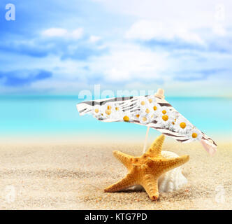 Seashell e stelle marine sotto un ombrellone sulla spiaggia sabbiosa a Sfondo oceano Foto Stock