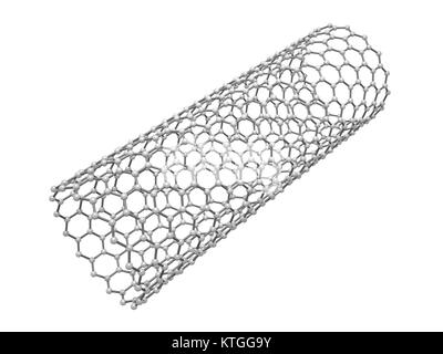 I nanotubi di carbonio della struttura molecolare, atomi in avvolto reticolo esagonale isolata su sfondo bianco, 3D Rendering immagine Foto Stock