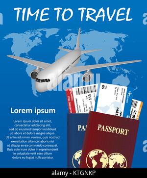 Viaggio di lavoro banner con passaporto, biglietti aerei e di terra su sfondo. Aria concetto di viaggio. Business travel illustrazione vettoriale. Illustrazione Vettoriale