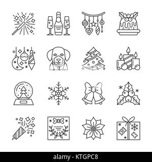 Anno nuovo sottile linea icon set. Natale simbolo lineare pack. Segno di contorno senza riempire. Corsa modificabile. Pittogramma di semplice collezione grafica. Web, stampa Illustrazione Vettoriale