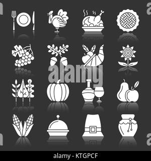 La Giornata del Ringraziamento white silhouette con la riflessione icon set. Monocromatico design piatto di raccolta di simbolo. Zucca, cornucopia, Turchia, verdure, vacanze Illustrazione Vettoriale