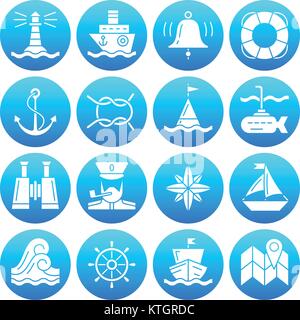 Bianco nautico silhouette icon set. Monocromatico Marine design piatto di raccolta di simbolo. Navigazione semplice, capitano, vedere, marina, nave viaggio pictog grafica Illustrazione Vettoriale