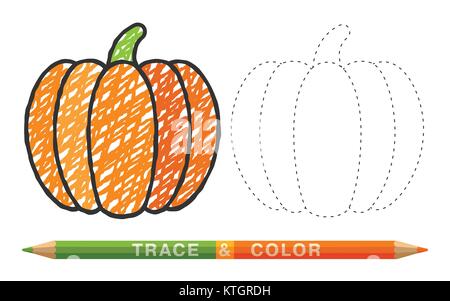 La linea tratteggiata e colorante pastello icona di zucca. Traccia e segno di colore design libro per bambini o per adulti anti stress pagina di colorazione. Arte, creatività, stampa magazi Illustrazione Vettoriale