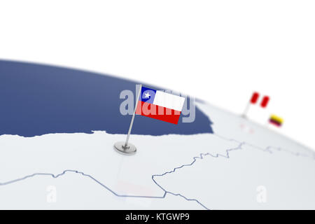Bandiera del Cile. Bandiera del paese con chrome pennone sulla mappa del mondo con i vicini paesi di frontiere. 3D rendering illustrazione Foto Stock