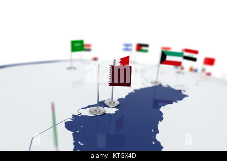 Bandiera del Qatar. Bandiera del paese con chrome pennone sulla mappa del mondo con i vicini paesi di frontiere. 3d illustrazione bandiera di rendering Foto Stock