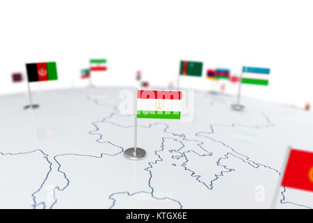 Tagikistan bandiera. Bandiera del paese con chrome pennone sulla mappa del mondo con i vicini paesi di frontiere. 3d illustrazione bandiera di rendering Foto Stock
