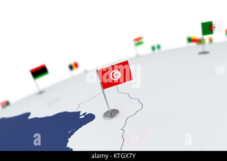 Bandiera della Tunisia. Bandiera del paese con chrome pennone sulla mappa del mondo con i vicini paesi di frontiere. 3d illustrazione bandiera di rendering Foto Stock