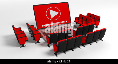 Sistema di Home Cinema concetto. Filmato battaglio sullo schermo di un computer portatile e di cinema sedie isolati su sfondo bianco. 3d illustrazione Foto Stock