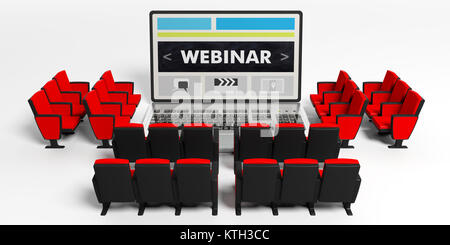 Seminari online concetto. Sedie attorno a un computer portatile, webinar sullo schermo, sfondo bianco. 3d illustrazione Foto Stock