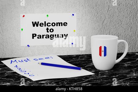 Boccale di grandi dimensioni e l'etichetta sulla parete con testo di benvenuto in Paraguay. Il rendering 3D. Foto Stock