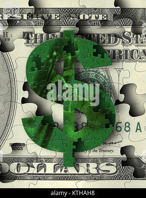 Il segno del dollaro jigsaw puzzle con pezzi per simboleggiare finanziari Soluzioni di denaro. Il rendering 3D Foto Stock