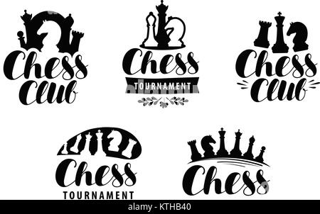 Club di scacchi, logo o etichetta. Gioco, tournament icona. Disegno tipografica, scritte vettore Illustrazione Vettoriale