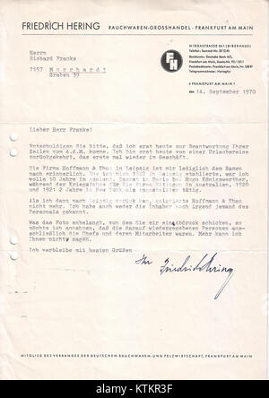 Questo si riferisce a una comunicazione o lettera tra Friedrich Hering a Lipsia e Richard Franke a Murrhardt il 14 settembre 1970, che catturava una specifica corrispondenza storica. Foto Stock