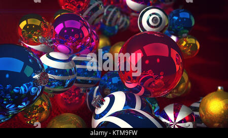 Un emotivo 3d illustrazione delle belle palle di vetro per un Natale di abete. Essi volare su un pavimento verde e condurre a una festa. Essi sono la striscia Foto Stock