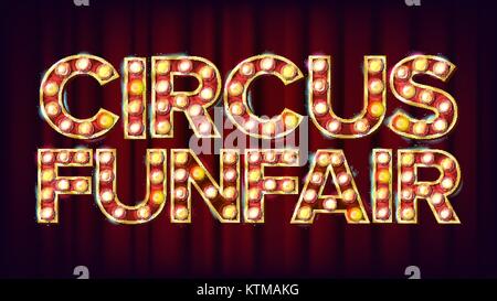 Circus Luna Park Banner vettore di segno. Per Party, Festival cartello Design. Per brochure, design di partito. Circus Vintage Golden accesa una luce al neon. Illustrazione classica Illustrazione Vettoriale