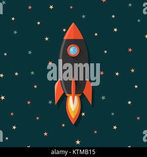 Piatto icona razzo illustrazione. Astronave sulla stella di sfondo spazio Illustrazione Vettoriale