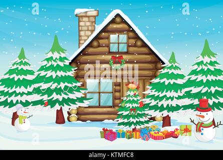 Illustrazione di pupazzi di neve, un albero e una casa di nevicata Illustrazione Vettoriale