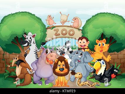 Illustrazione di zoo e animali in una natura bellissima Illustrazione Vettoriale
