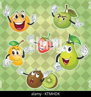 Illustrazione dei vari frutti verde sullo sfondo a scacchi Illustrazione Vettoriale