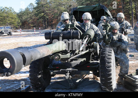 Soldati con la 1-258th FA, NY esercito nazionale Guard resistito a temperature sotto zero su gamme a Fort Dix, NJ, per completare la loro annuale la tabella 5 e la Tabella 6 certificazioni, Gennaio 9-11, 2015. (U.S. Esercito nazionale Guard foto di Sgt. Michael J Davis/rilasciato) Foto Stock