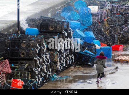 Newquay, Regno Unito. 27 Dic, 2017. Regno Unito Meteo. Folk inseguiti e catturati fuori da alte onde del vento sulla parete del porto di Newquay. 27th, dicembre, 2017 Credit: Robert Taylor/Alamy Live News Foto Stock