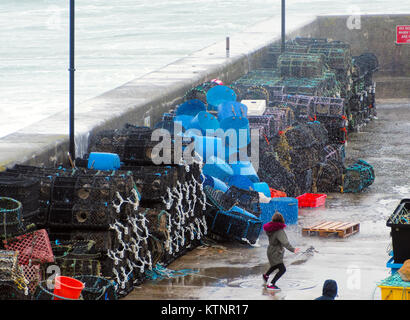 Newquay, Regno Unito. 27 Dic, 2017. Regno Unito Meteo. Folk inseguiti e catturati fuori da alte onde del vento sulla parete del porto di Newquay. 27th, dicembre, 2017 Credit: Robert Taylor/Alamy Live News Foto Stock