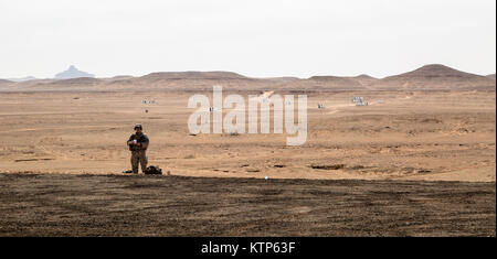 Senior Airman Alexander Mutcher, una forza aerea tattica di controllo aria Parte airman con l'ottantaduesima Experditionary Air Operations Squadron, attaccato al quarantaduesimo combattere la Brigata Aerea, imposta il suo obiettivo posto di osservazione prima di chiamare in uno sciopero da AH-64 Apache azionato da parte del governo degli STATI UNITI Esercito e Royal Saudi Forze terrestri durante l'evento culminante di esercizio di amicizia e di ferro da stiro Hawk 14 su Aprile 13th, 2014, vicino Tabuk, Arabia Saudita. Falco di ferro e di amicizia 14 coinvolti Stati Uniti Forze armate dal quarantaduesimo cabina, New York Army National Guard e 2° Brigata Team di combattimento, 4a divisione di fanteria, e Arabo Saudita Foto Stock