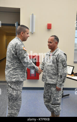 LATHAM -- New York Army National Guard Col. John Andonie awards Lt. Col. Emilio Pennes un meritorio medaglia di servizio durante la sua cerimonia di pensionamento qui, nov. 8. Pennes si ritira con trenta anni di servizio. (US Army National Guard foto di Sgt. Principali Lombardo Corine/RILASCIATO) Foto Stock