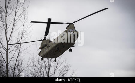 A New York Army National Guard CH-47F elicottero Chinook azssigned alla Società B, 3° Battaglione 126Aviation si avvicina ad una zona di atterraggio per inserire un gruppo di soldati di truppa C 2° Stormo, 101st cavalleria, da Buffalo, e di estrarre un altro gruppo a Youngstown Local Area Formazione in Youngstown, N.Y. Nel febbraio 20, 2016. I soldati di formazione sono in preparazione per la scala maggiore esercizi per essere mantenuta per tutta la durata dell'anno. (U.S. Air National Guard photo by Staff Sgt. Ryan Campbell/rilasciato) Foto Stock