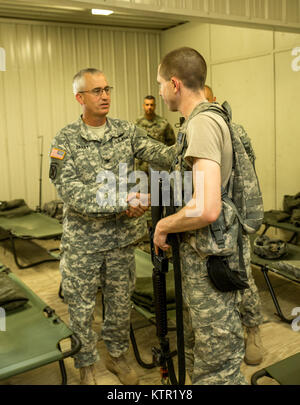 Col. Jaime Dailey, comandante della sessantasettesima squadrone comando, Iowa l Esercito Nazionale Guardia, presenta una sfida moneta per un soldato della 209th Supporto Area Azienda medica per un servizio esemplare durante l'unità di preparazione comune centro di formazione (JRTC) rotazione Luglio 19, 2016 a Fort Polk, La. l'Iowa il personale medico hanno aderito più di 5 mila soldati provenienti da un altro Stato Esercito Nazionale unità di guardia, Esercito attivo e l'esercito truppe di riserva come parte del ventisettesimo della brigata di fanteria combattere Team task force. I soldati si affinare le proprie abilità e pratica integrazione di operazioni di combattimento che vanno dalle truppe di fanteria impegnare i Foto Stock