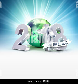 Nuova data dell'anno 2018 composto con una verde del pianeta terra, su un lucido sfondo blu - 3D illustrazione Foto Stock