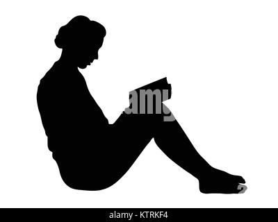 Vector silhouette di donna leggere il libro su sfondo bianco. Illustrazione Vettoriale