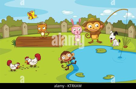 Illustrazione di un gruppo di animali mediante lo stagno Illustrazione Vettoriale