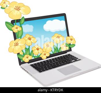 Illustrazione di un computer portatile e di fiori su sfondo bianco Illustrazione Vettoriale