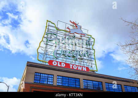 Realizzato in Oregon 'White Stag' segno nella Città Vecchia Portland Oregon vicino Burnside Street e il mercato del sabato Foto Stock
