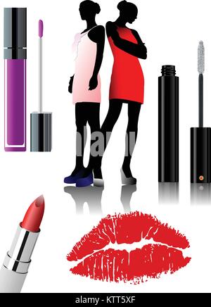 Donna di apparecchiature per il trucco. Il rossetto. Illustrazione Vettoriale Illustrazione Vettoriale