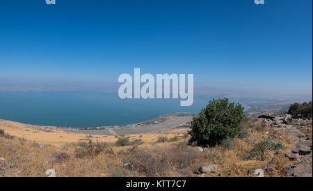 Vista panoramica del Kibbutz Ein Gev (Israele) e del Mare di Galilea da Ofir punto di osservazione, noto anche come Mitzpe Ofir. Foto Stock